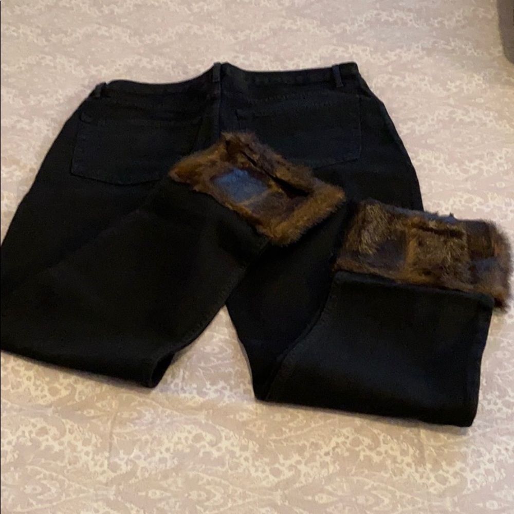 Zara Premium Denim  black fur trim jeans. NWOT